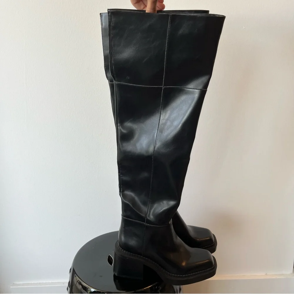 Zara Women’s 6 Extra Long Square Toe Black Boots Thigh High Over The Knee Combat